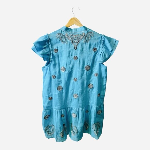 Tyler Boe Womens Linen Aimee Embroidered Ruffled V-Neck Tied Dress Blue Size L - Picture 5 of 10